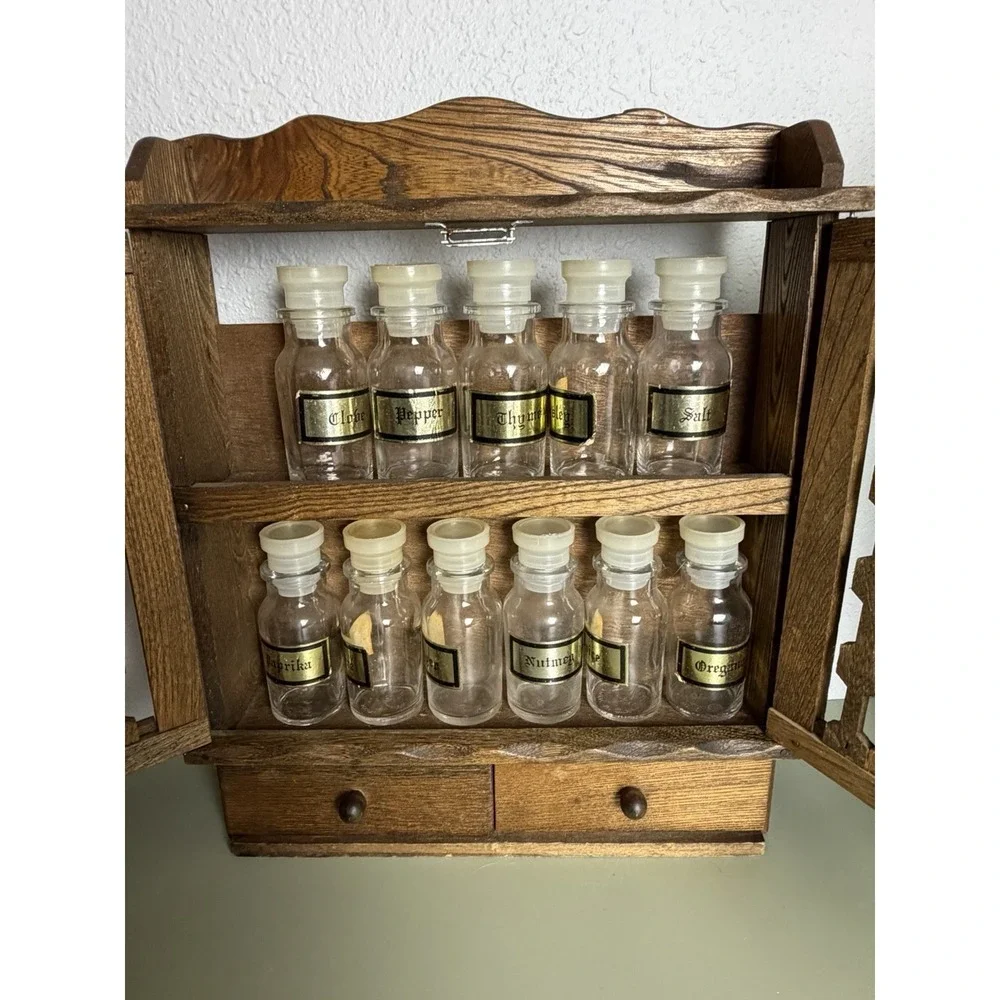 Vintage‎ Japan Wood Spice Cabinet Wall Rack Glass Jars Drawers Apothecary MCM